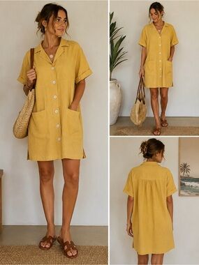 C&C California Linen Blend Mustard Yellow Shirt Dress Tunic L
